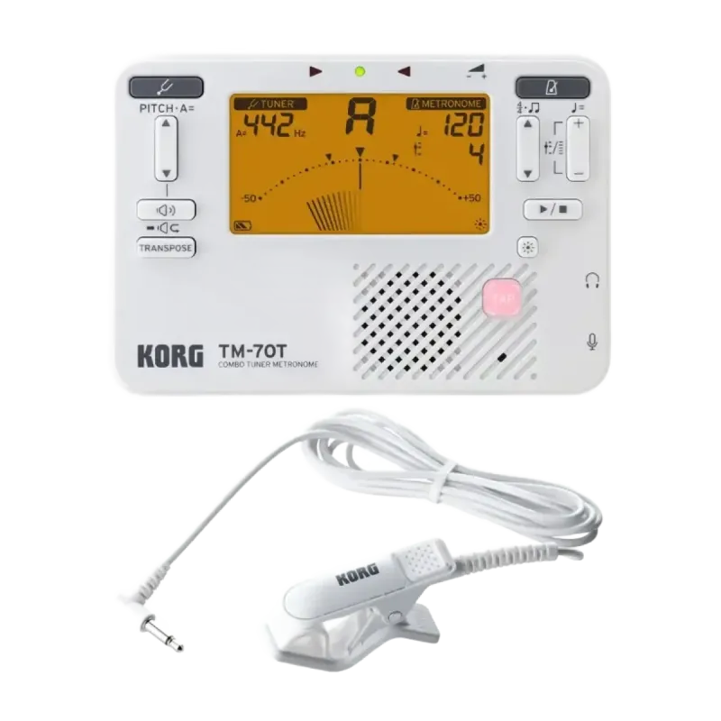 Afinador de metrónomo Korg tm70c branco com microfone de contacto - sanganxa.com